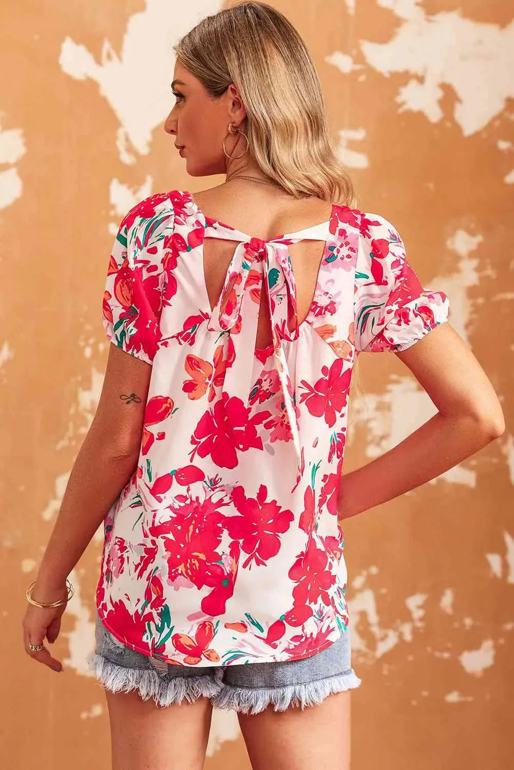 Floral Tie Back Square Neck Blouse Blouses - Tophatter Daily Deals